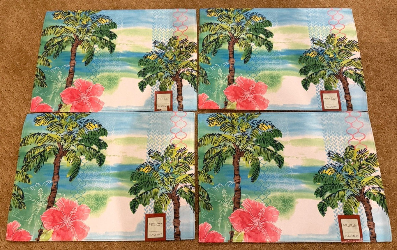 Sonoma Outdoors Tropical Placemats Palm Trees Ocean Floral Beach NWT Set of 4