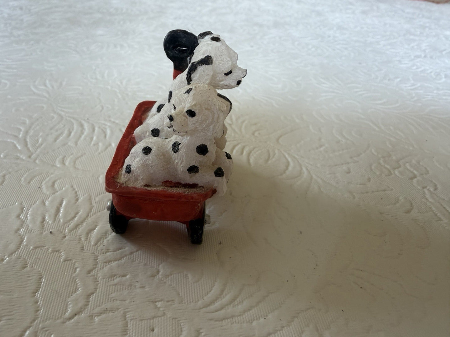 Vintage Dalmatian Puppy Figurine Lot 4pc Wind Up Musical Music Box Red Wagon