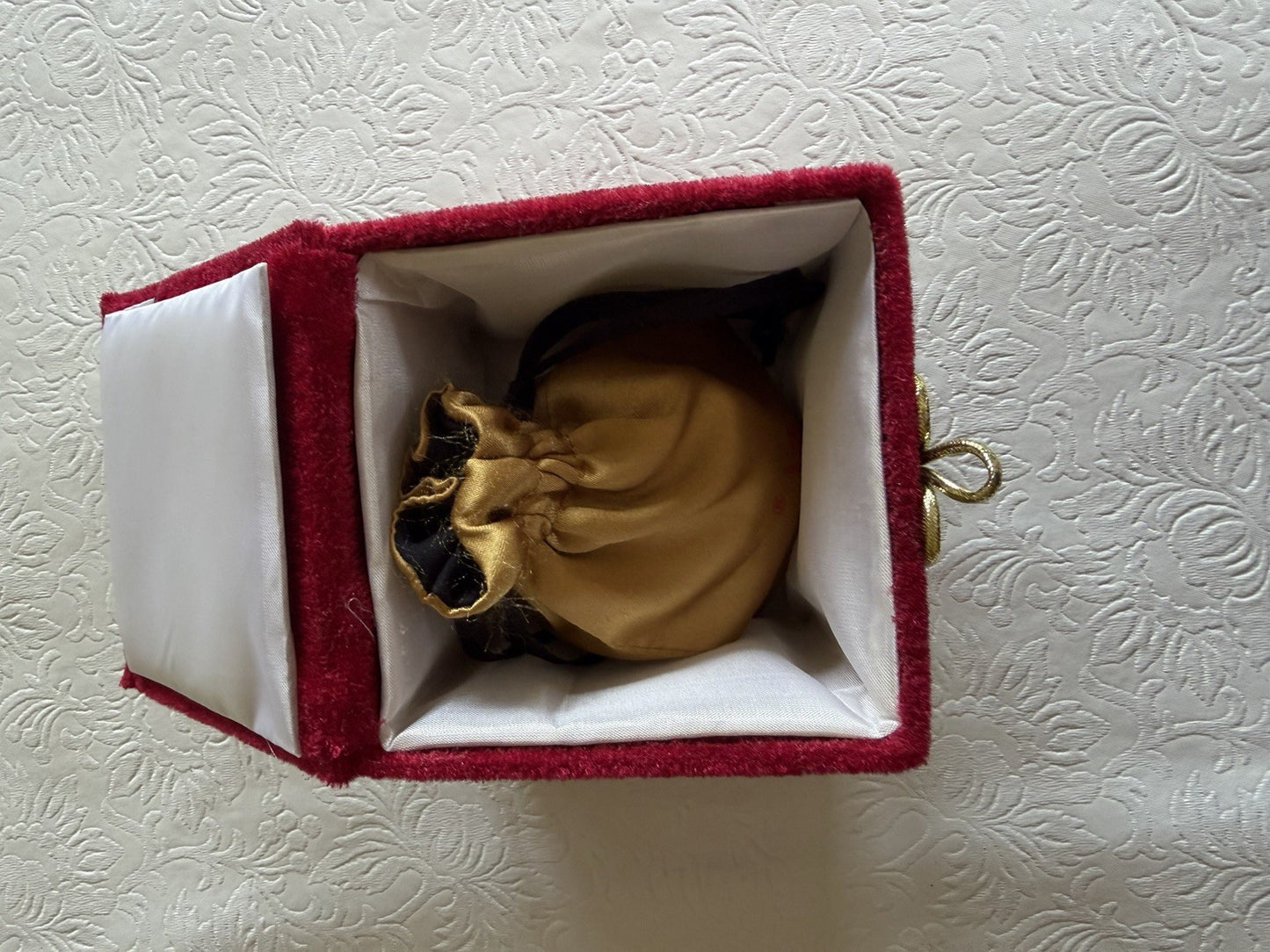 Vintage Ahjar Ornate Perfume Bottle Gold Tone Red Gemstone Glass Pouch Vanity