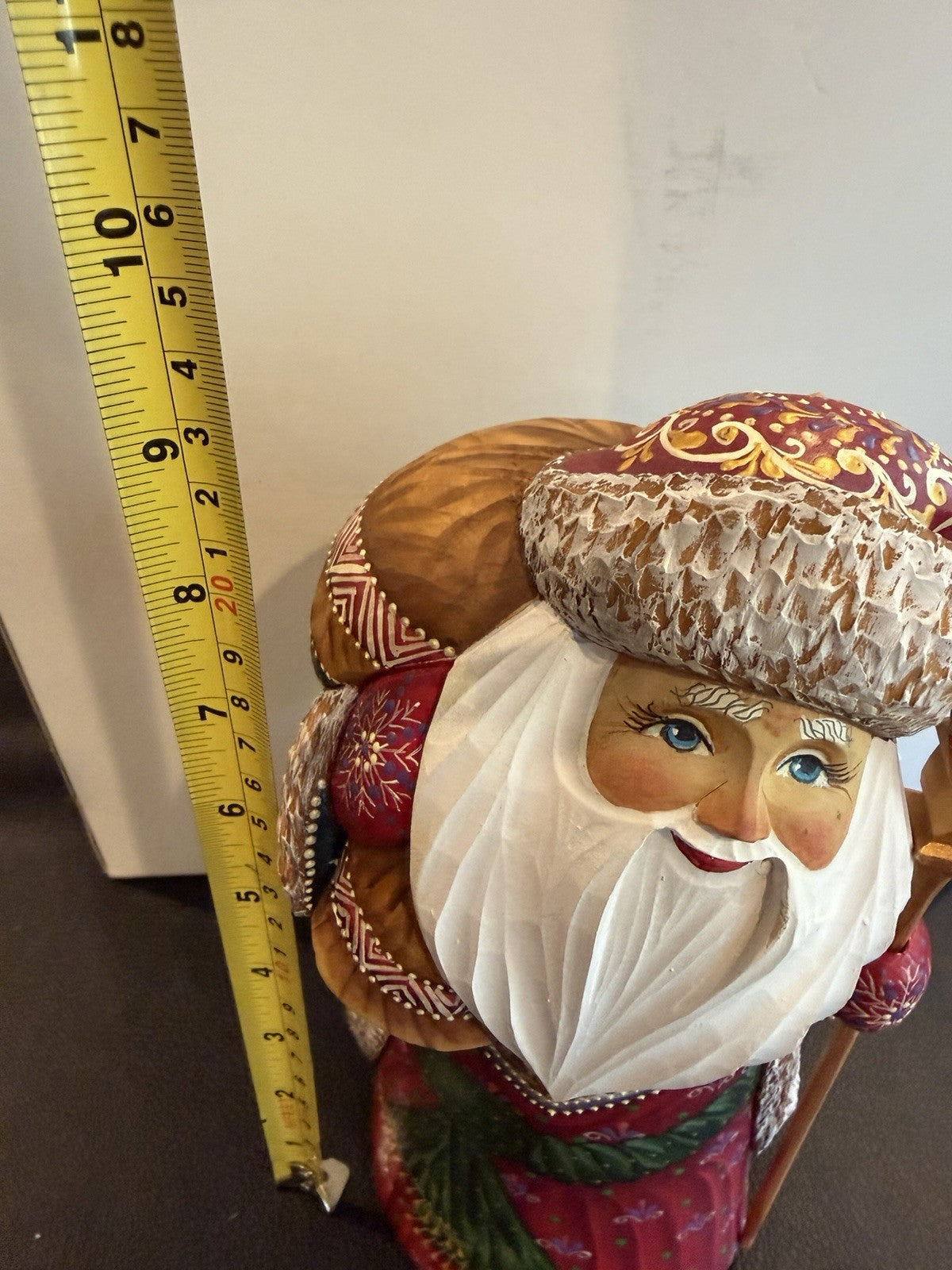 Hand Carved Russian Santa Claus Sergiev Posad Signed Folk Art Figure 9.5" Wood