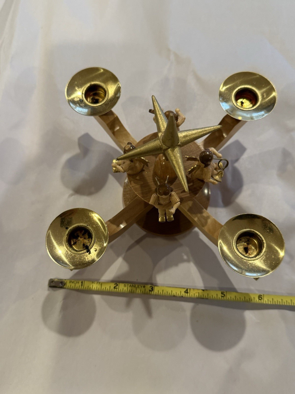 Erzgebirgische Volkskunst Wood Angel Candle Holder, 4 Arm Gold Star, German Folk