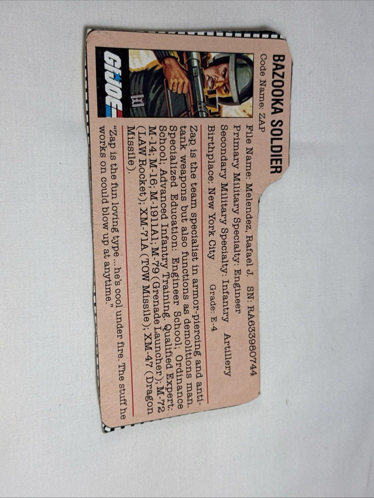 GI Joe 1983 Zap Bazooka Soldier Used and  with file card Action Figure