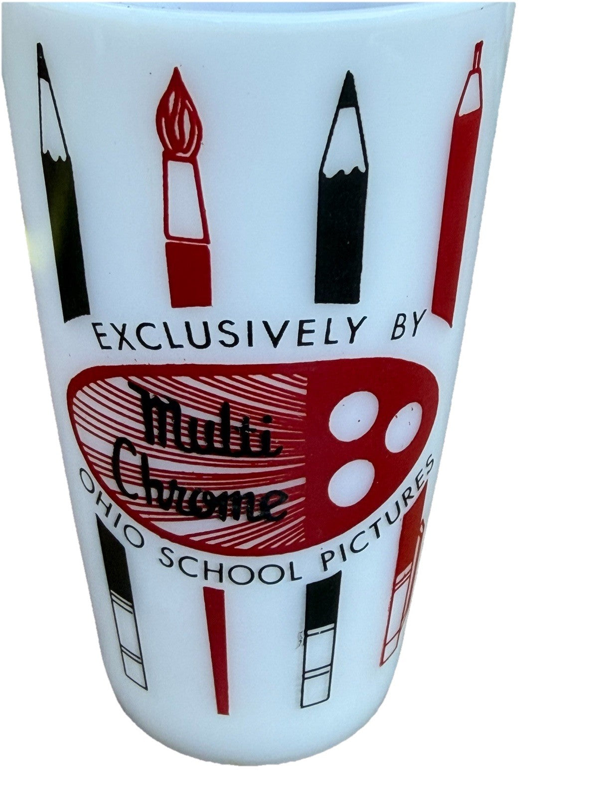 Vintage Milk Glass Advertising School Pictures Tumbler Chrome Graphics 5"
