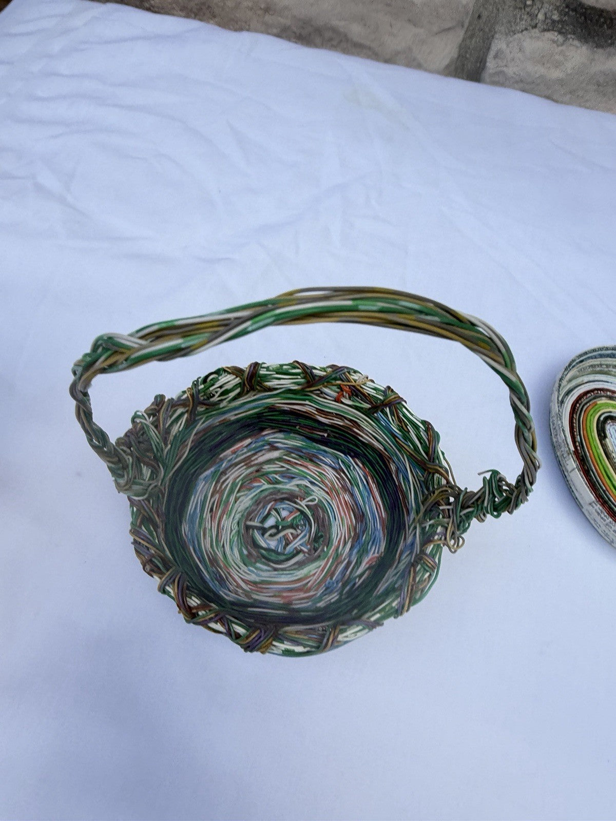 Handmade Recycled Telephone Wire Basket Coiled Newspaper Heart Dish Set Eco Art