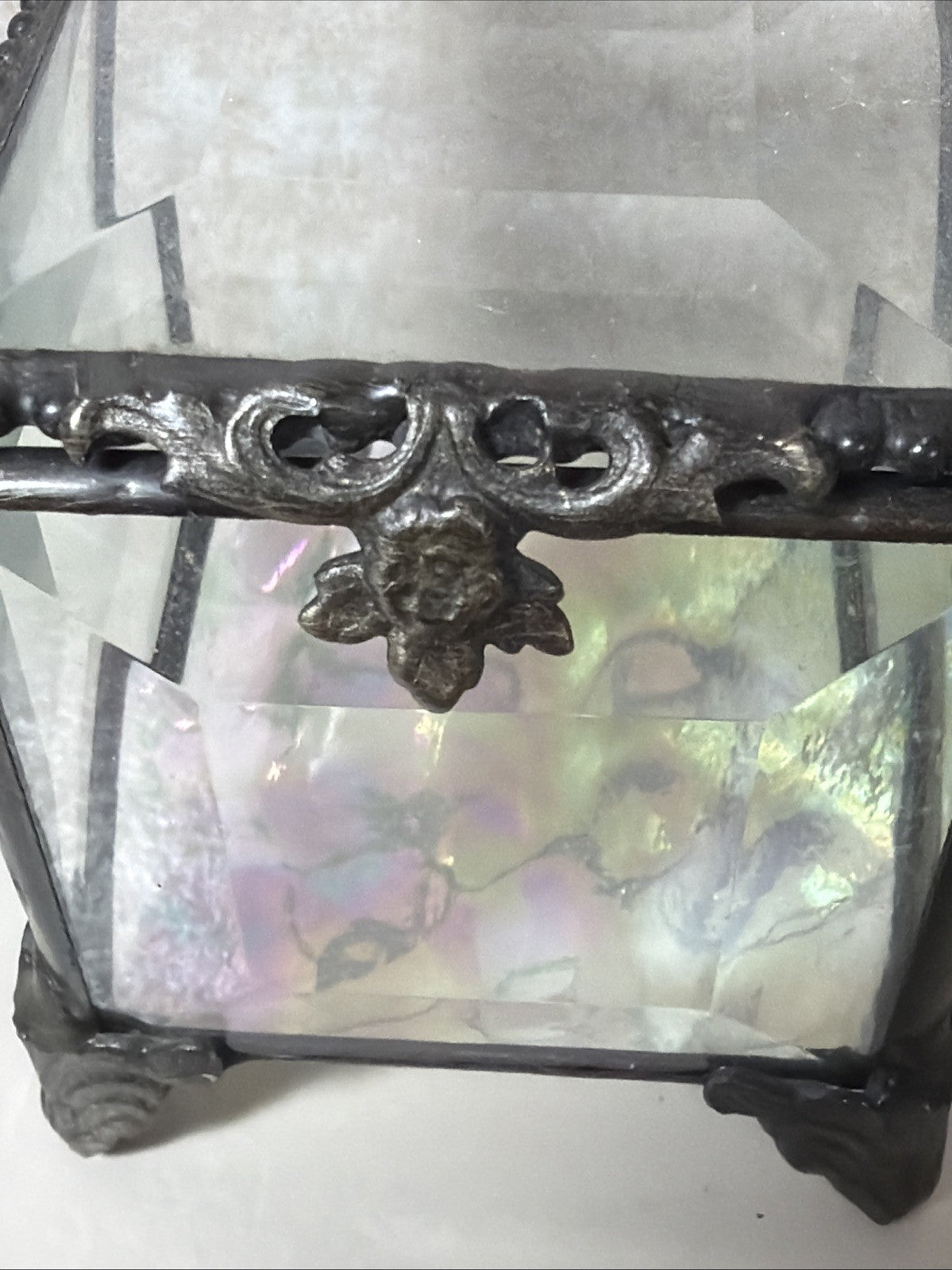 Vintage Style Built Beveled Glass Trinket Jewelry Box Footed Iridescent Metal 3"