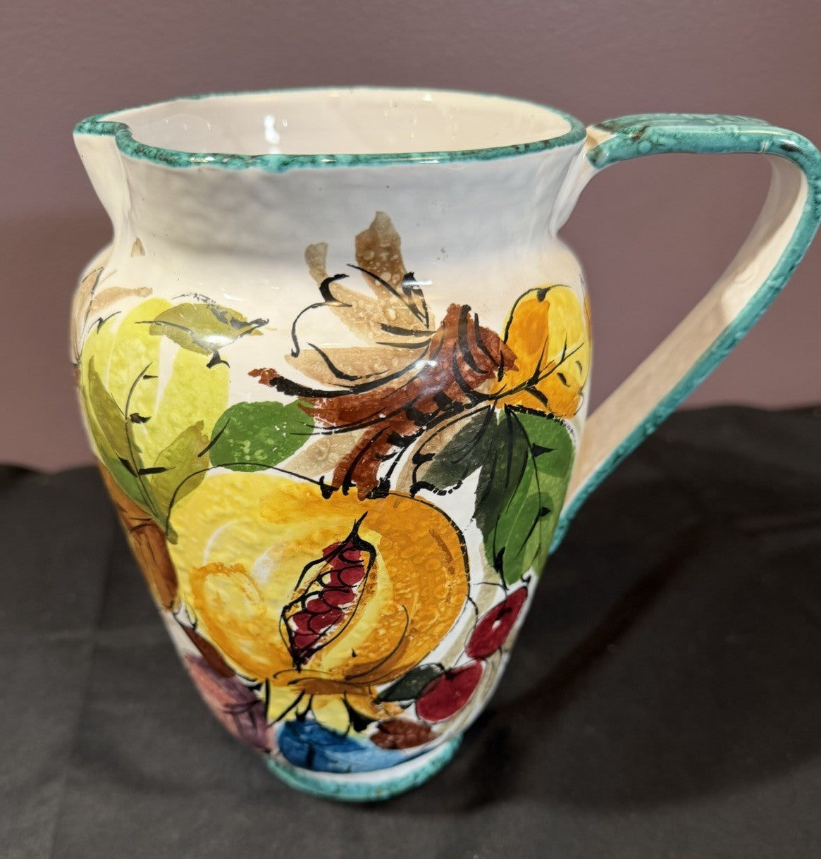 Vintage 1960s Italian Sgraffito Ceramic Pitcher Hand Painted Fruit 8"