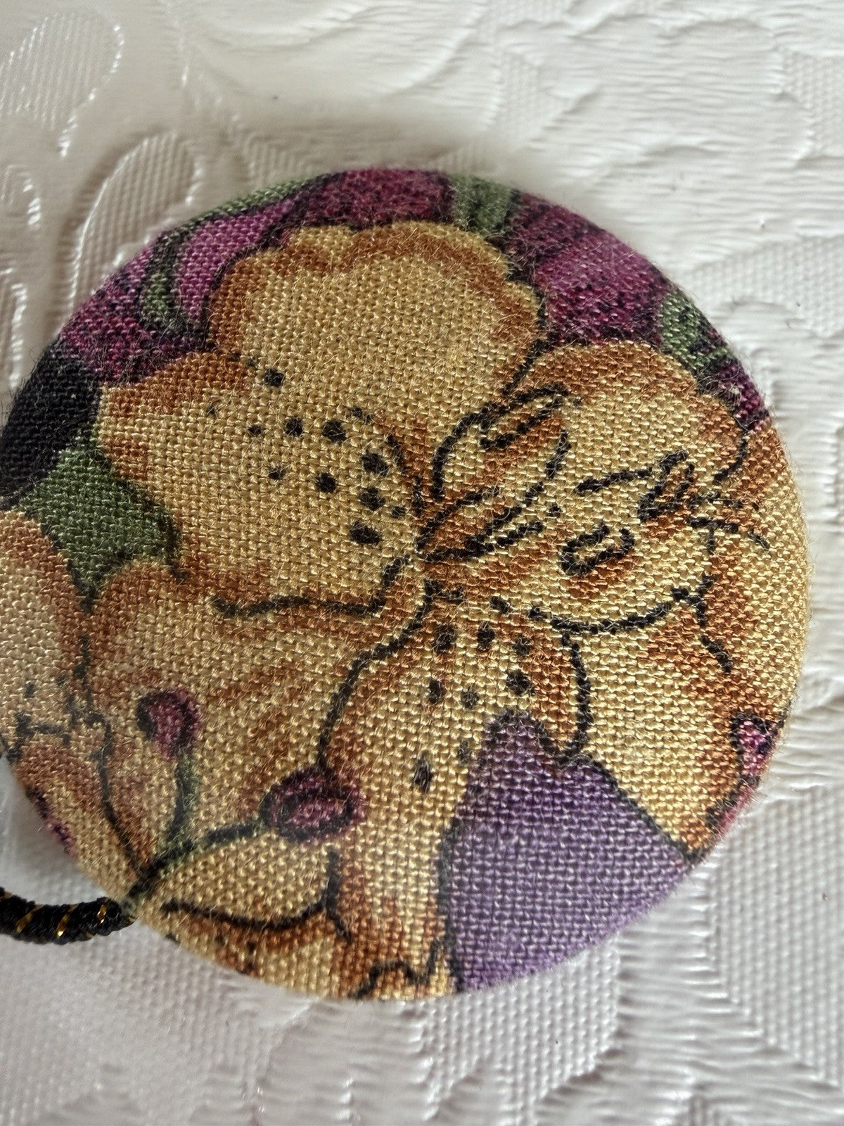 Vintage Fabric Covered Button Ponytail Holder Floral Hair Tie Metal Back Retro