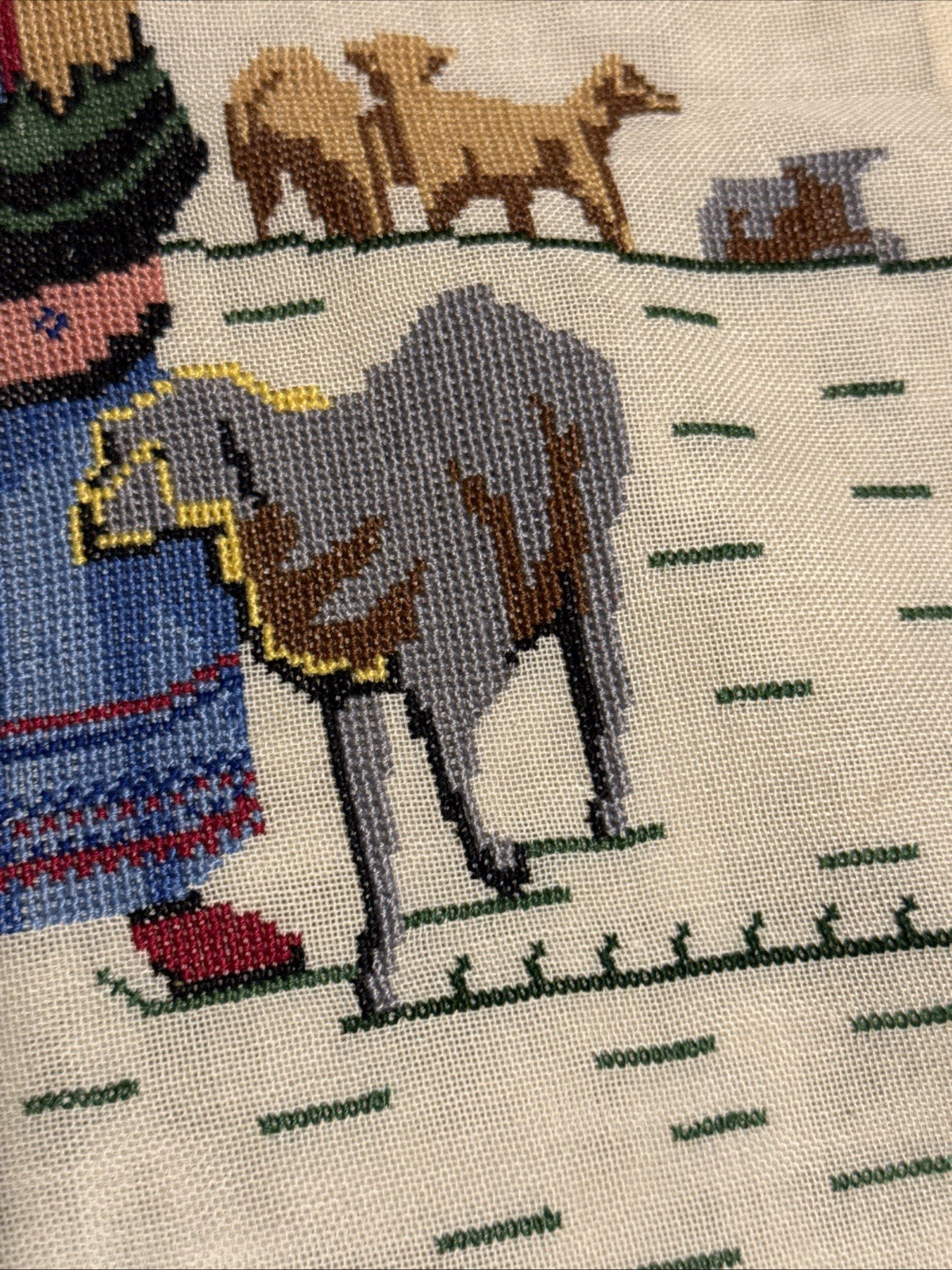 Vintage Hand Embroidered Middle Eastern Textile Panel Folk Art Desert Scene MCM