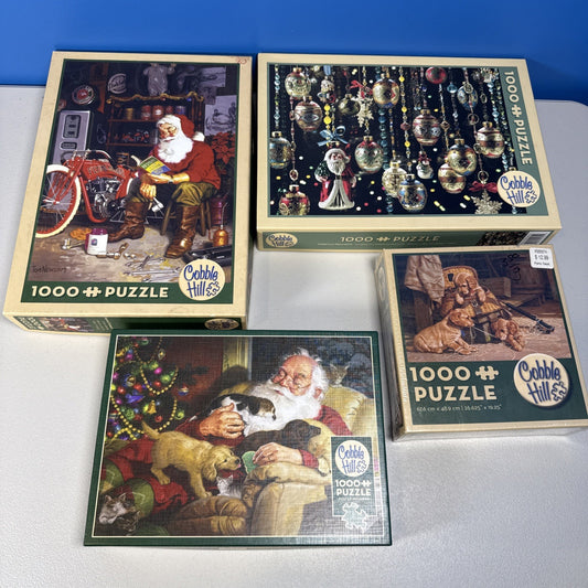 Cobble Hill Lot of 4 - 1000 Piece Christmas Jigsaw Puzzles Santa Dogs Ornament