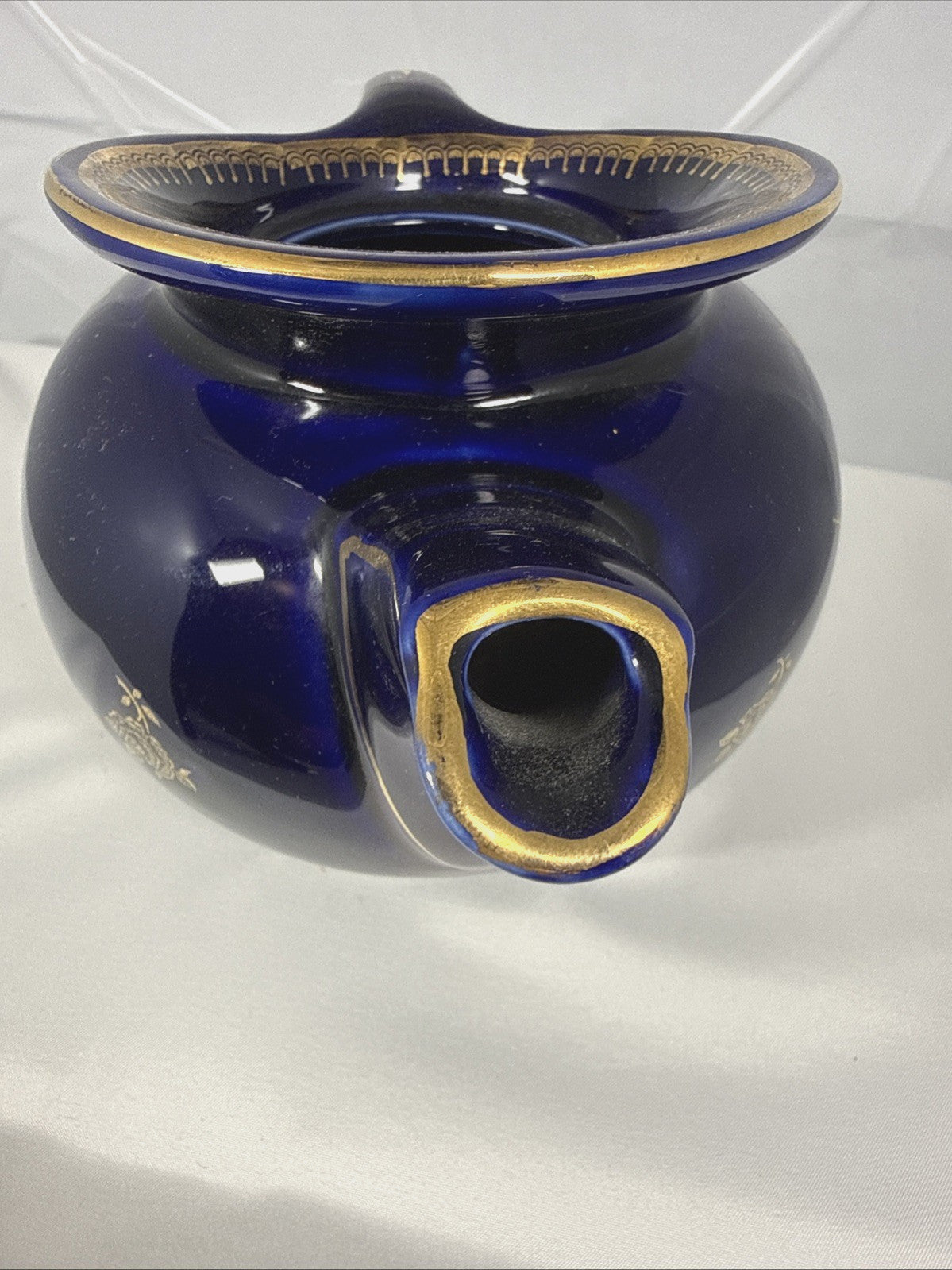 Vintage Hall Blue Ceramic Teapot Gold Trim Floral Mid Century Style