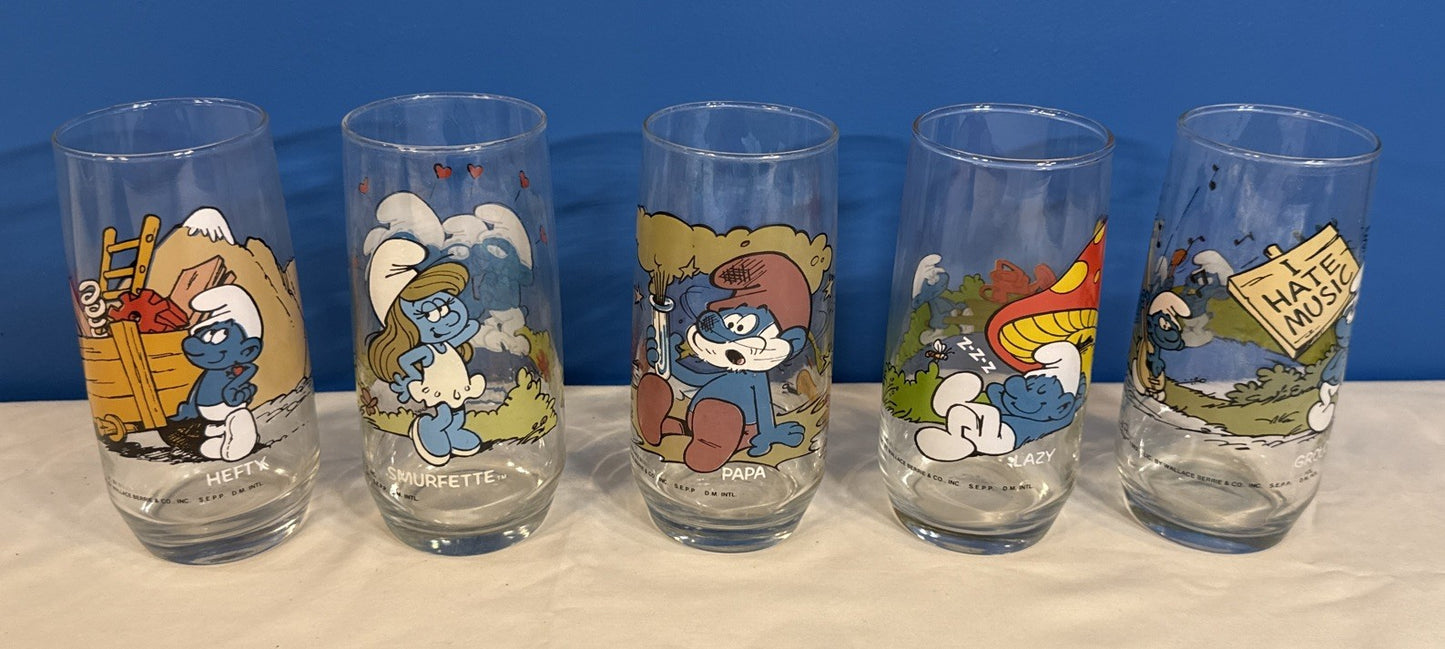 Vintage 1982 Smurfs Peyo Drinking Glasses Set of 5 Smurfette Papa Hefty Grouchy