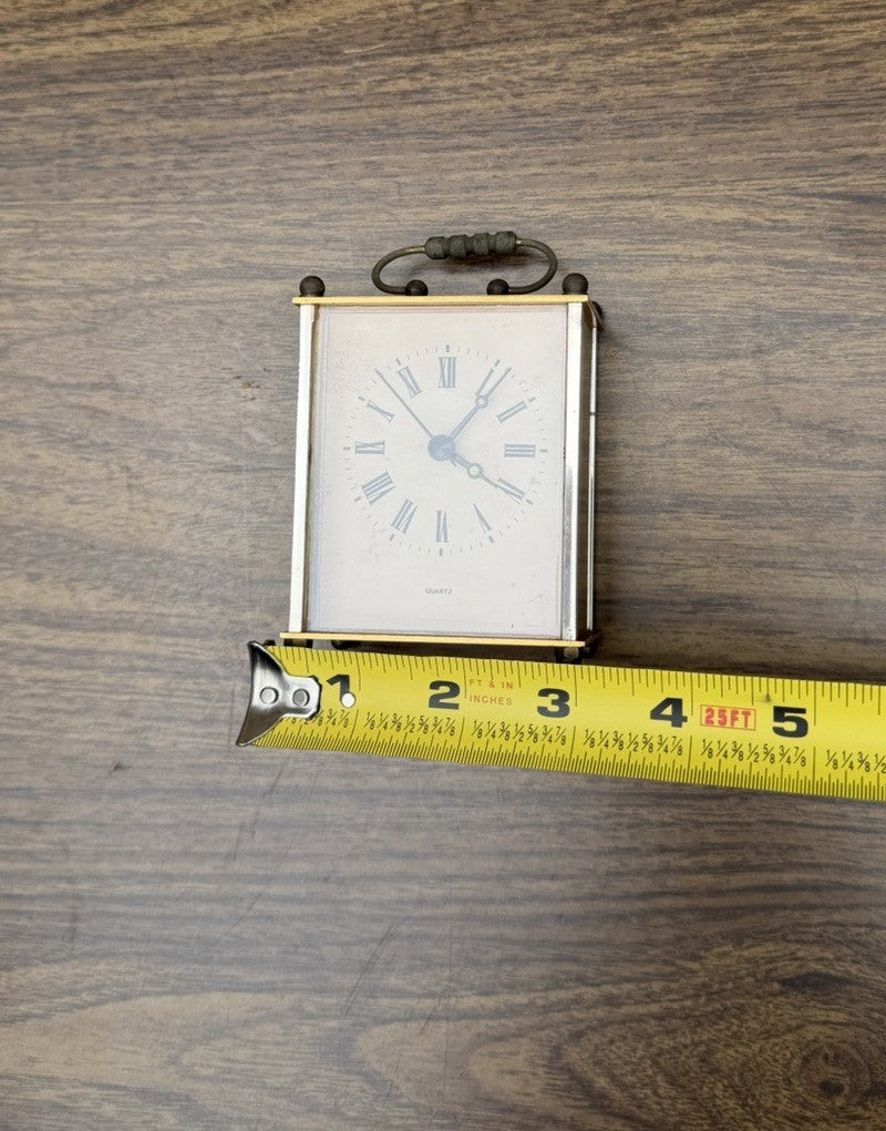 Vtg Mini Brass Carriage Clock Gold Silver Tone Quartz Roman Numeral Desk Shelf