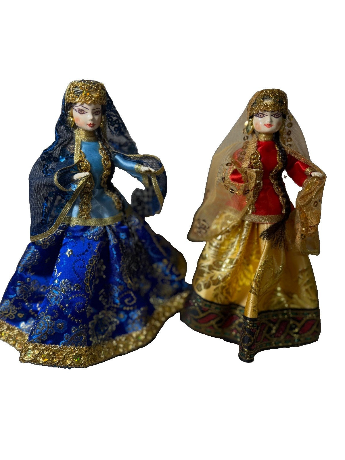 Vintage Handmade Cultural Cloth Dolls Pair Gold Trim Embroidered Folk Art