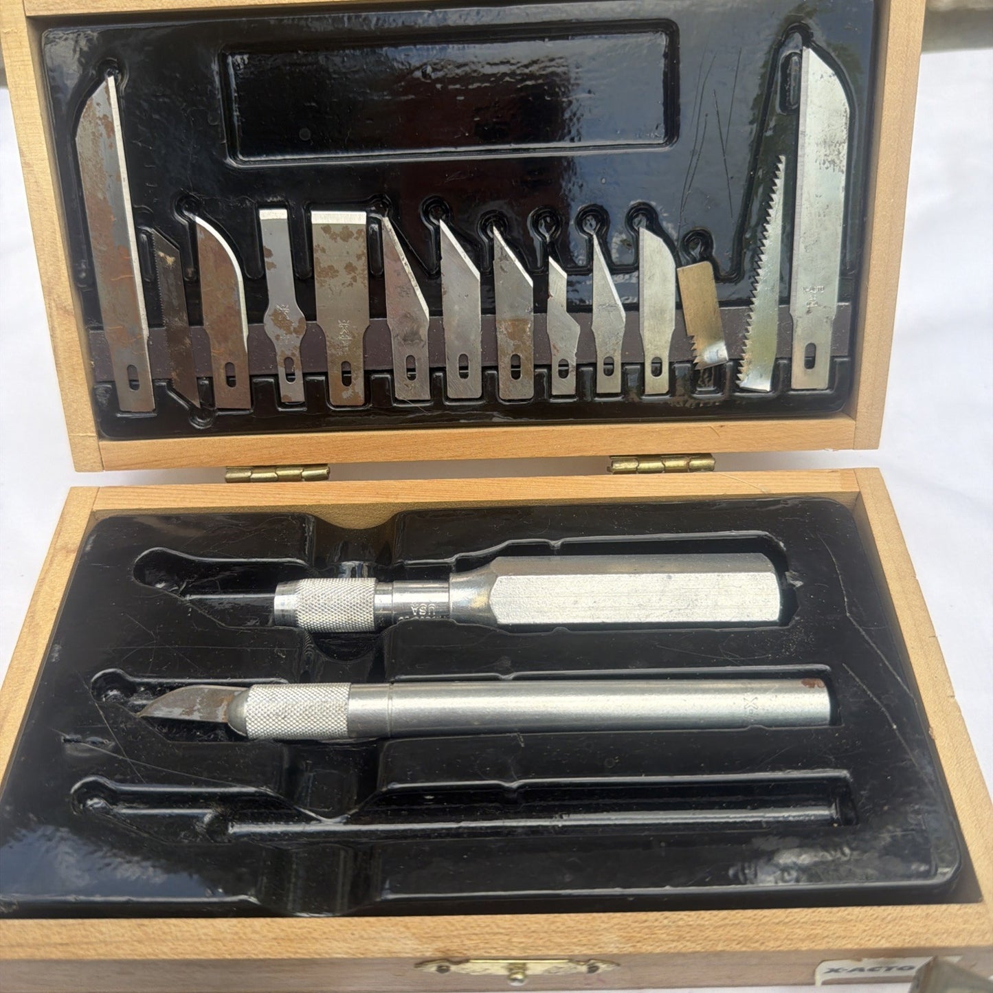 Vintage X-Acto Wooden Tool Box Hobby Knife Set Pliers Stapler Mechanical Pencil