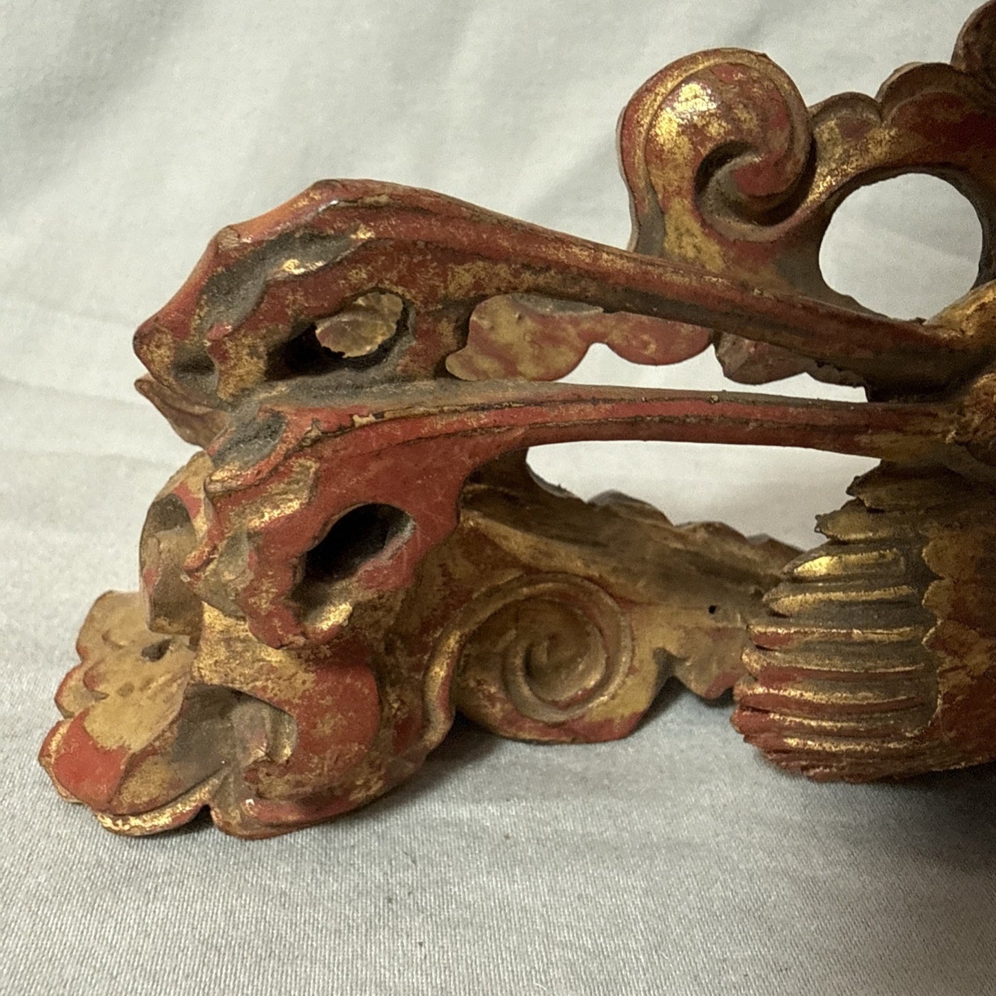 Antique Chinese Qing Dynasty Wood Temple  Red & Gilt Panel Dragon Fragment 7”x3”