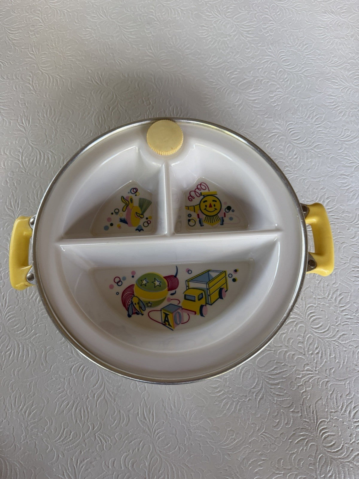 Vintage Baby Food Warmer Divided Dish Boy Girl Yellow Screw Plug Nursery Feeding