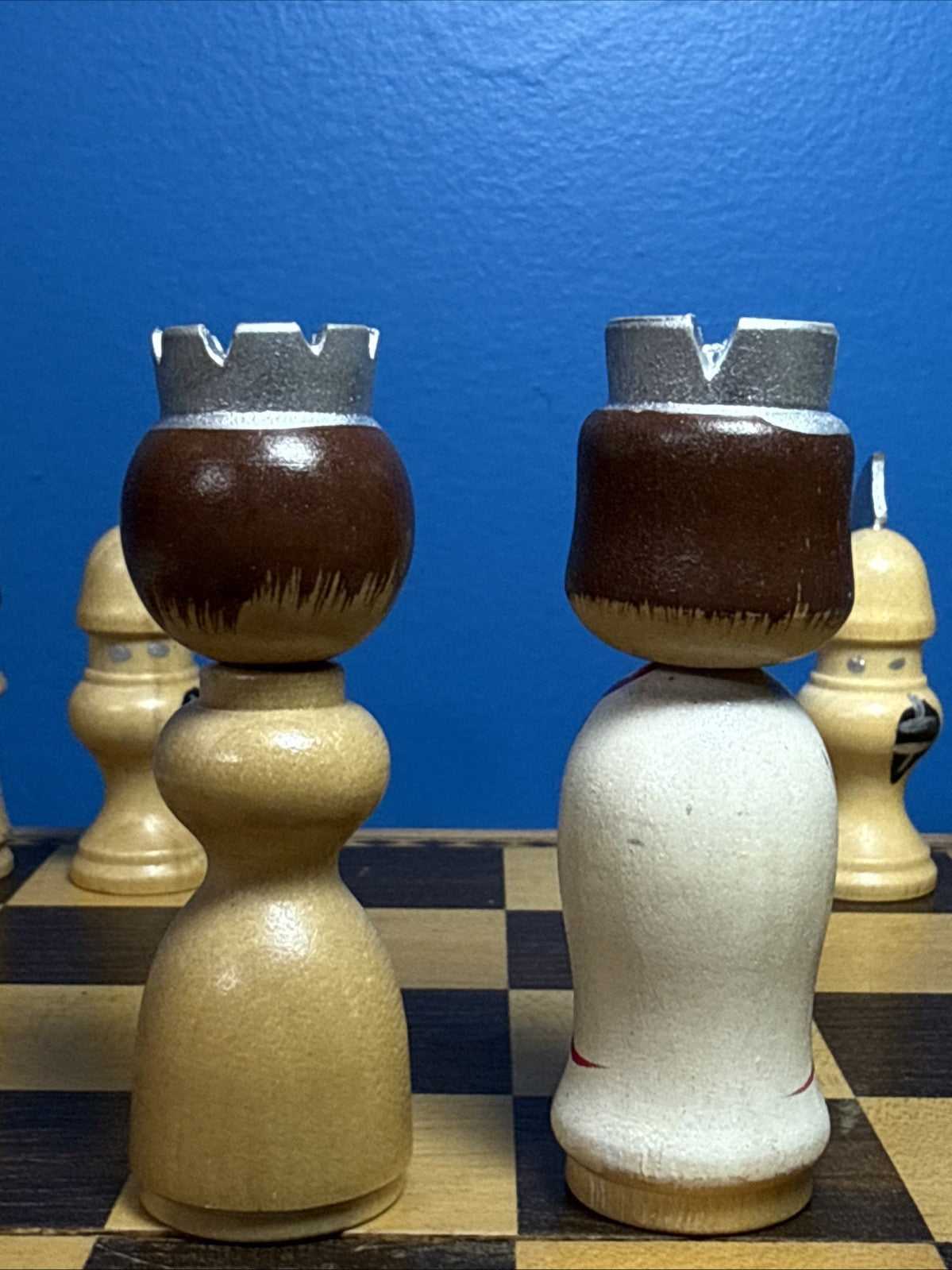 Vintage Japanese Kokeshi Wood Chess Set Hand Painted Pieces Folding Board Boxes