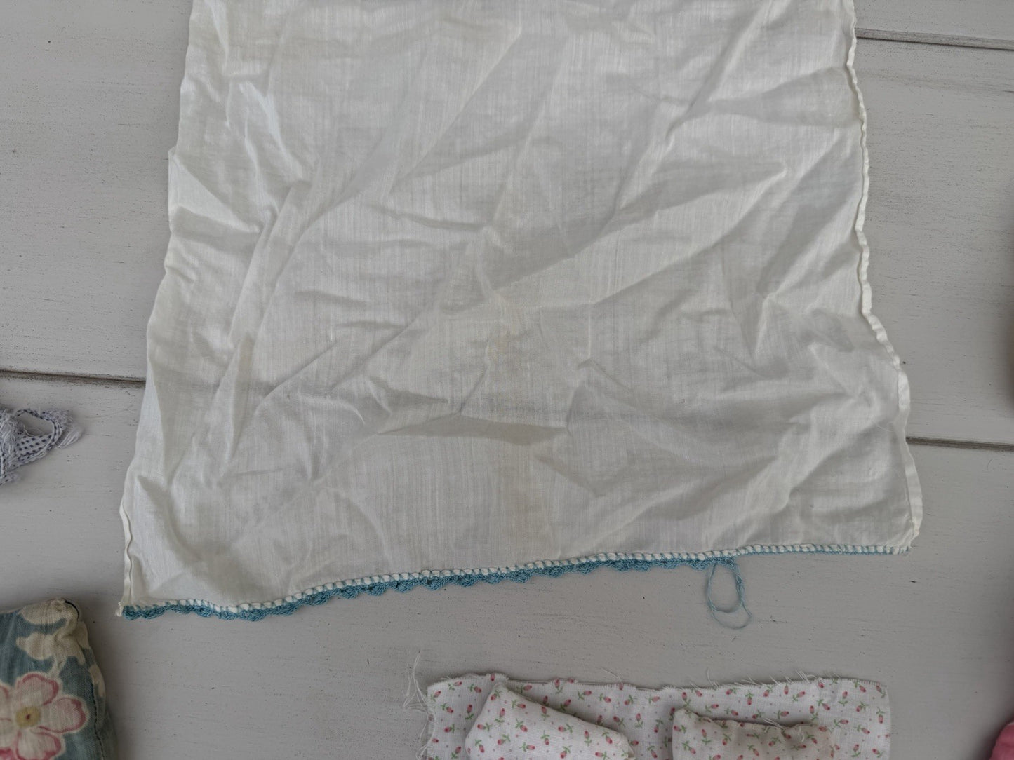 Vintage Baby Doll Bed Sets, Hand Crocheted Bibs, 1940s Children’s Handkerchiefs