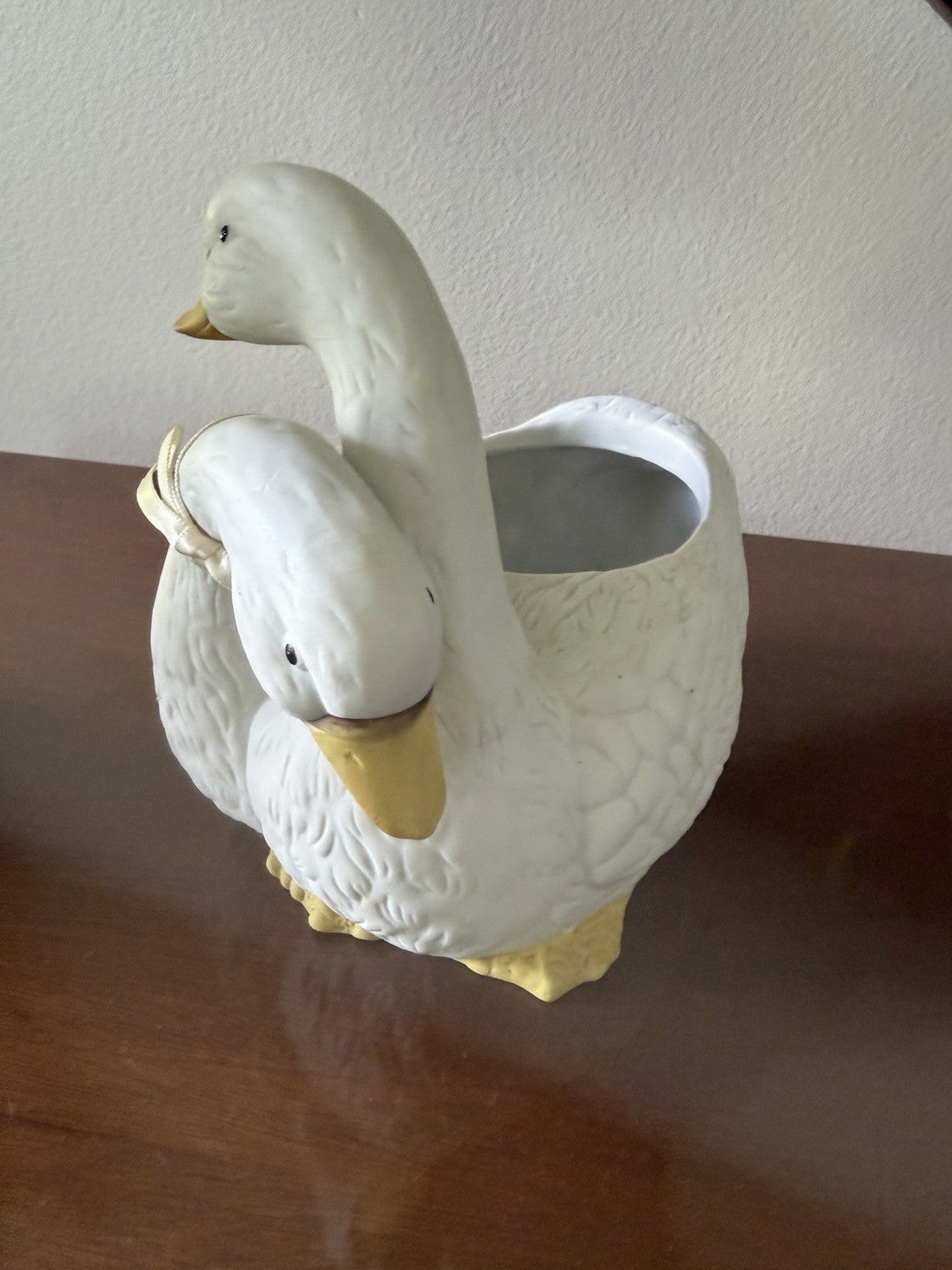 Vintage Holland Floral Goose Duck Ceramic Cachepot Planter 5" White Pair