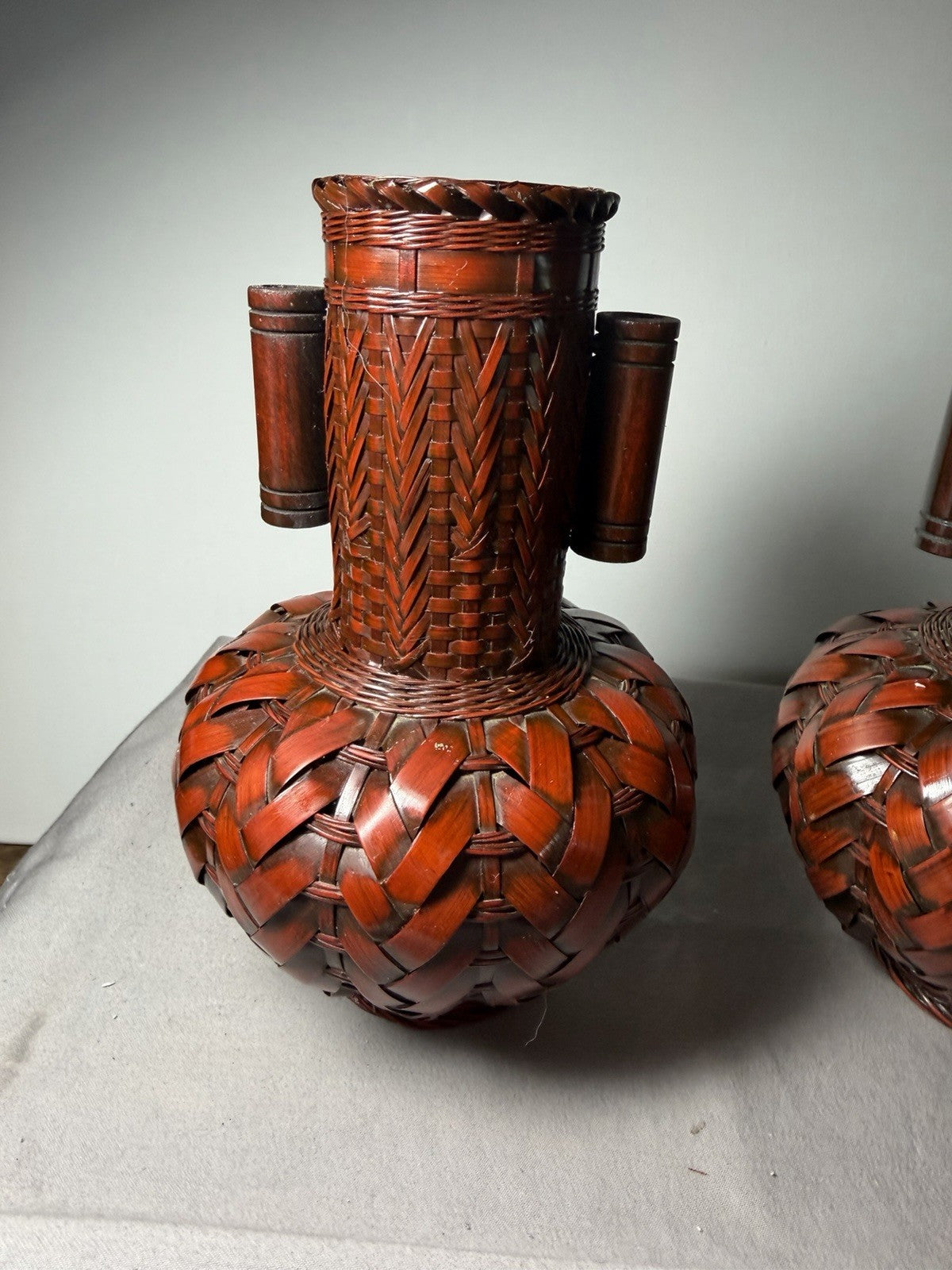 Vintage Japanese Ikebana Vase Bamboo Woven Pair Porcelain Inserts Set of 2