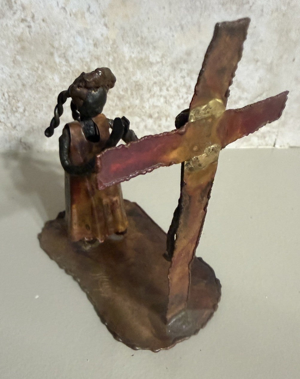 Vintage Handcrafted Metal Sculpture Praying Figure at Cross Religious Folk Art