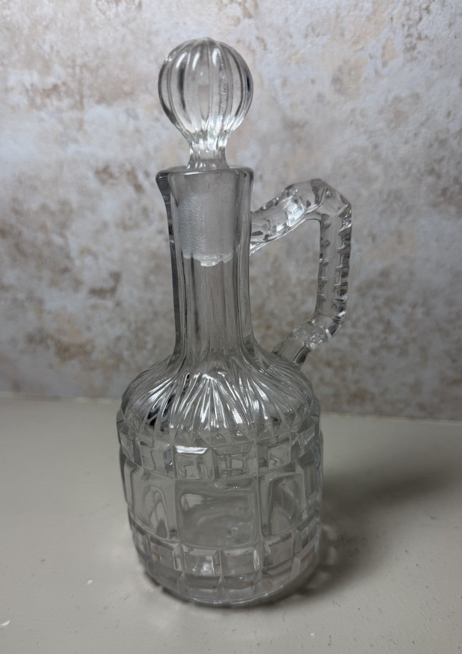 Vintage Cut Glass Cruet Bottle Stopper Paneled Block Pattern 6.5" Decanter