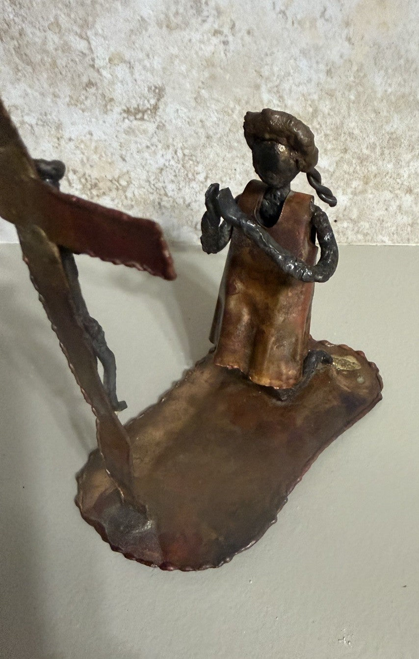Vintage Handcrafted Metal Sculpture Praying Figure at Cross Religious Folk Art