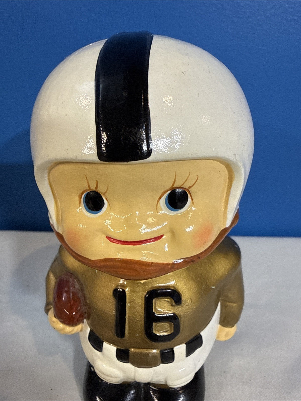 Vintage Football Player Figure Hard Plastic Coin Bank White Gold Uniform 6"