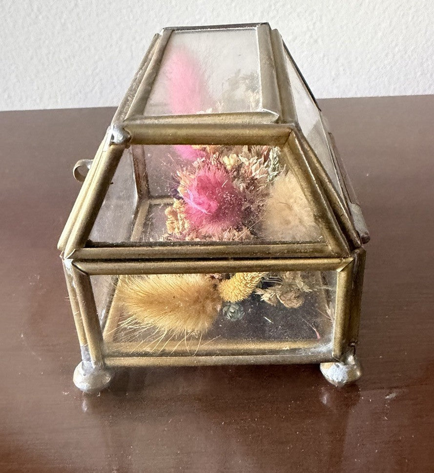 Vintage Brass Glass Display Box Hinged Lid Flower Preserve Trinket Jewelry Case
