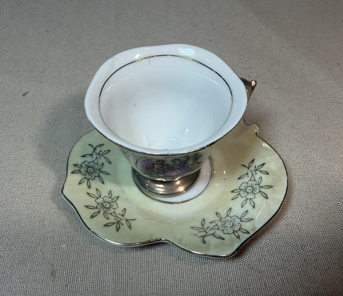 Vintage Yellow Lustreware Demitasse Cup Saucer Leaf Shape Couple Scene