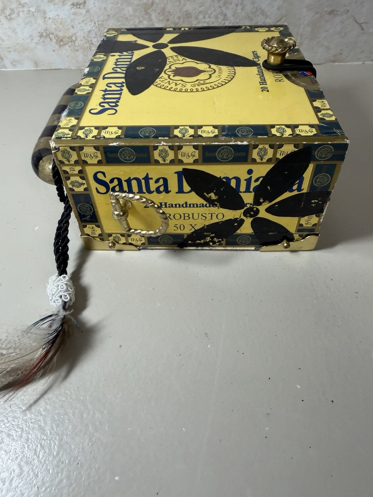 Santa Damiana Robusto Upcycled Cigar Box Purse Toile Fabric Handle Zebra Lining