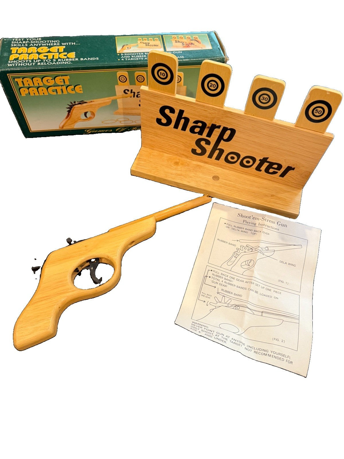 Sharp Shooter Wooden Rubber Band Gun Target Practice Game Toy Pistol Set USA