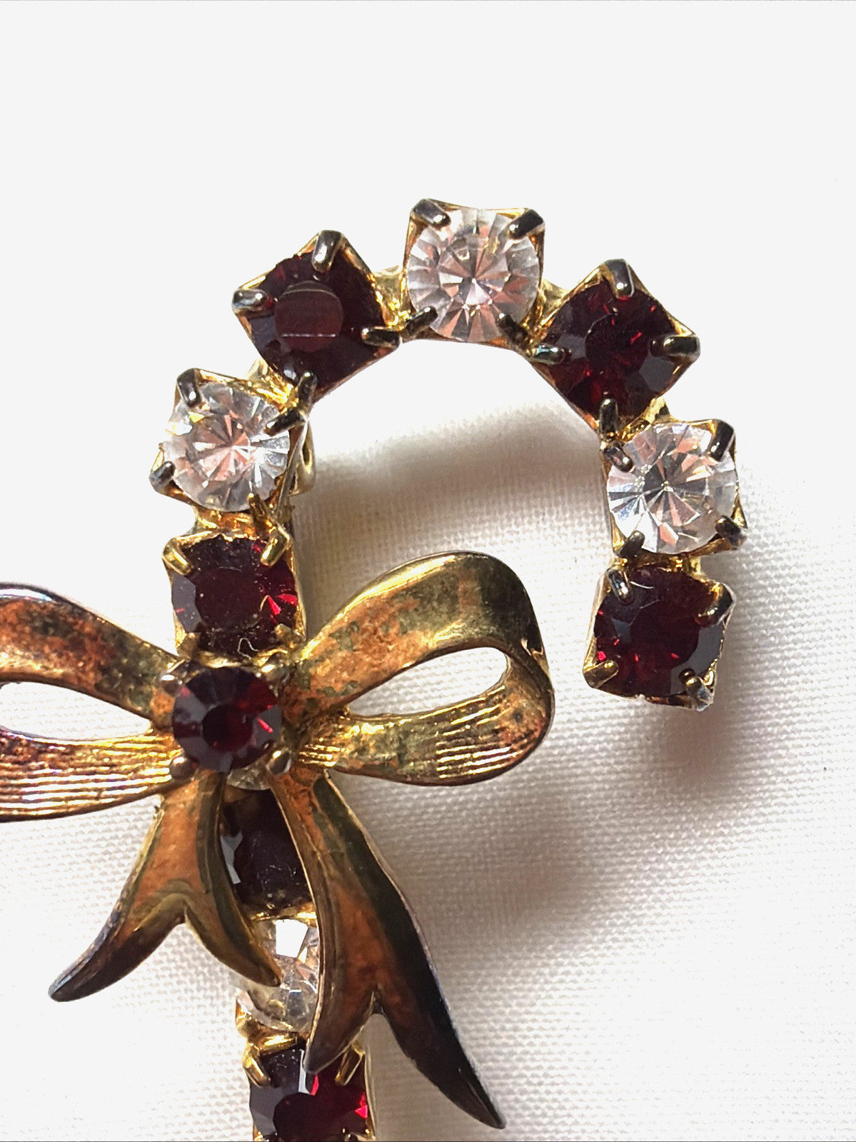 Vintage Eisenberg ICE Candy Cane Brooch Gold Tone Red White Rhinestone Pin 1.75"