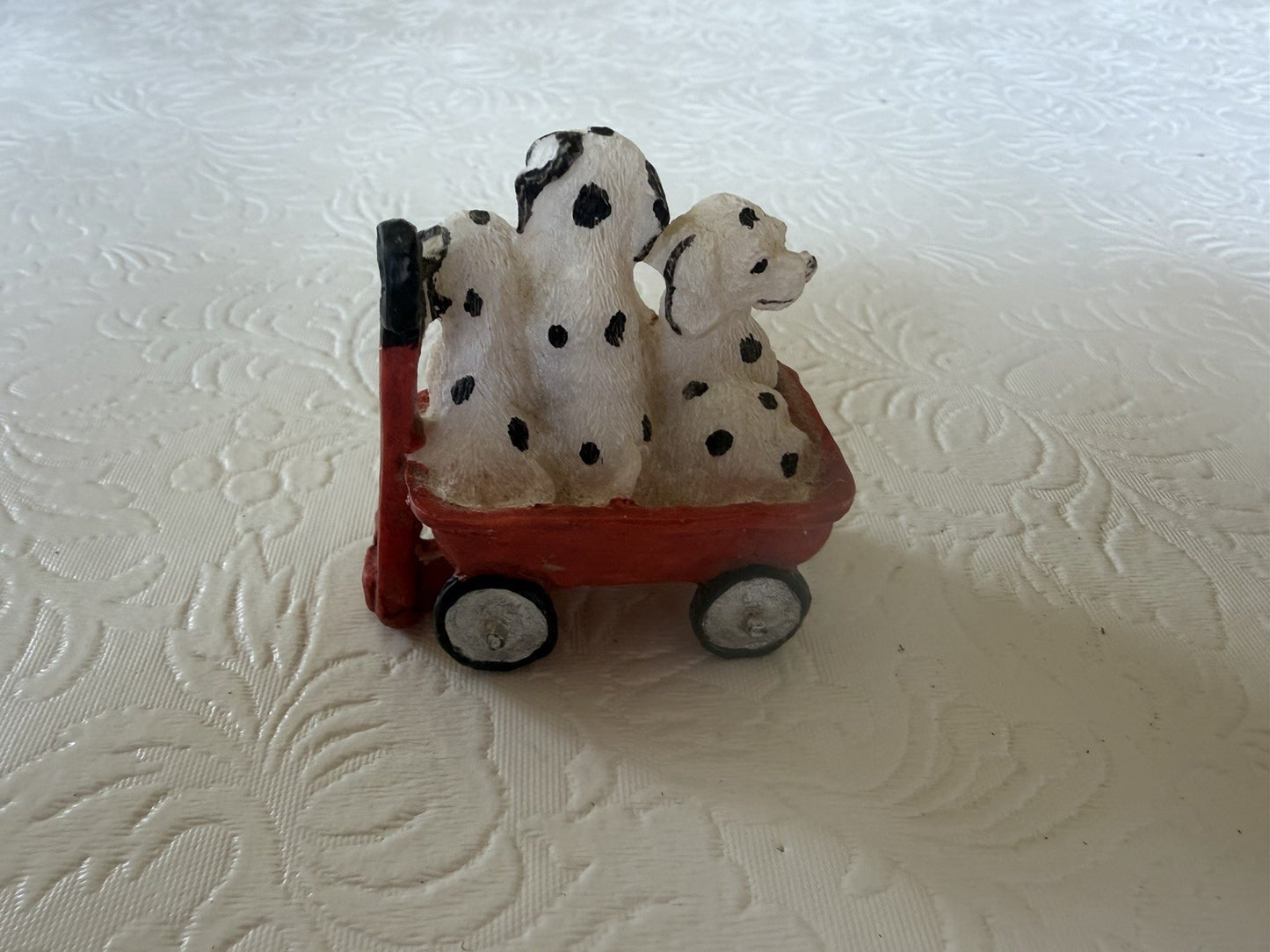 Vintage Dalmatian Puppy Figurine Lot 4pc Wind Up Musical Music Box Red Wagon