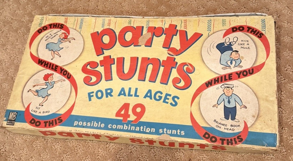 Vintage 1950s Milton Bradley Party Stunts 4317 Dual Spinner Complete Game Box MB