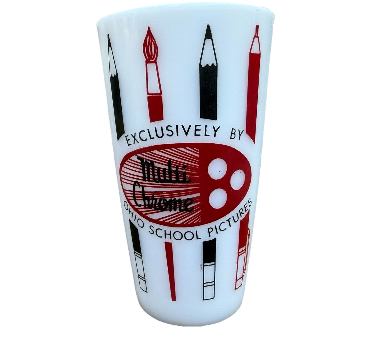 Vintage Milk Glass Advertising School Pictures Tumbler Chrome Graphics 5"