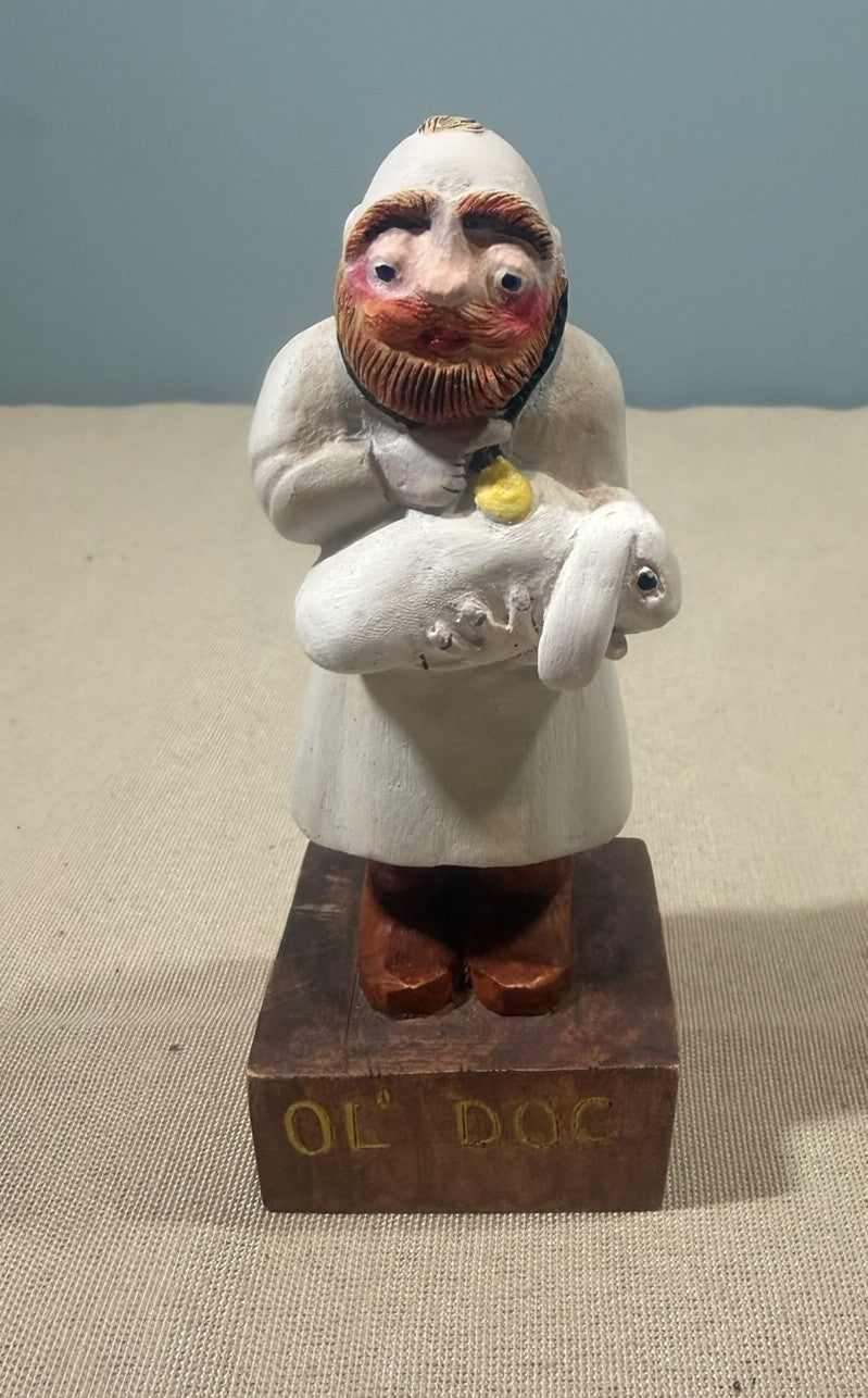 Vintage ANRI Style Carved Wood Veterinarian Figure Holding Rabbit Toriart
