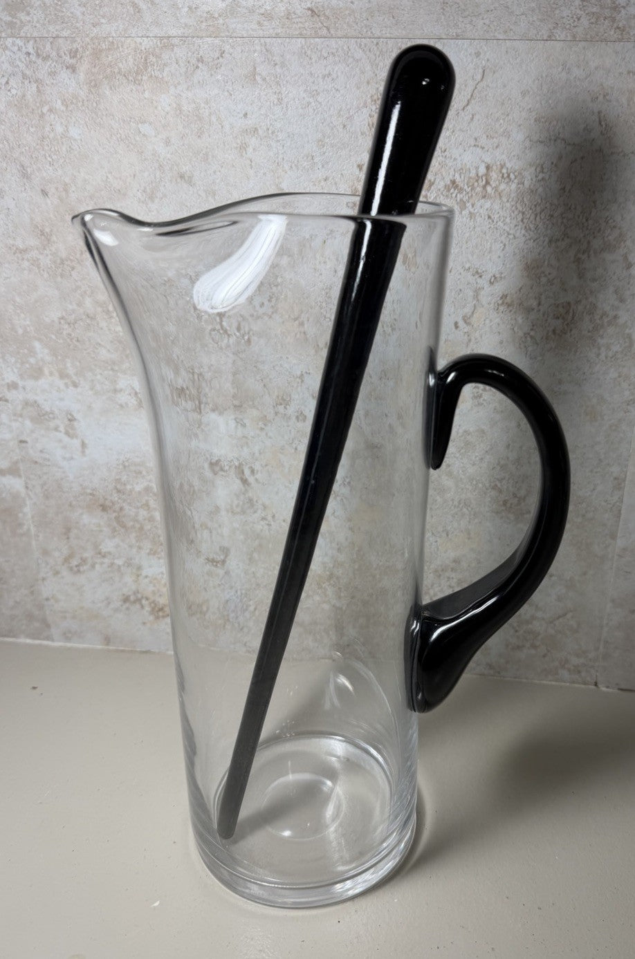 Clear Glass Pitcher Black Handle & Stirrer Rod Barware Drink Server Modern