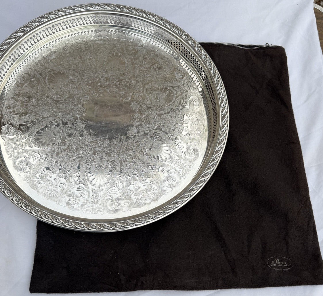 WM Rogers Son Silver Plate Platter Spring Flower Round Tray 15" + Storage Felt