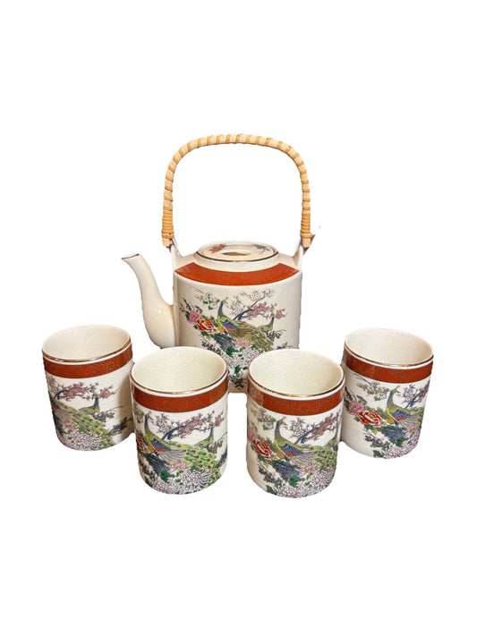 1979 Satsuma Japan Peacock Tea Set Gold Trim Rattan Handle Vintage