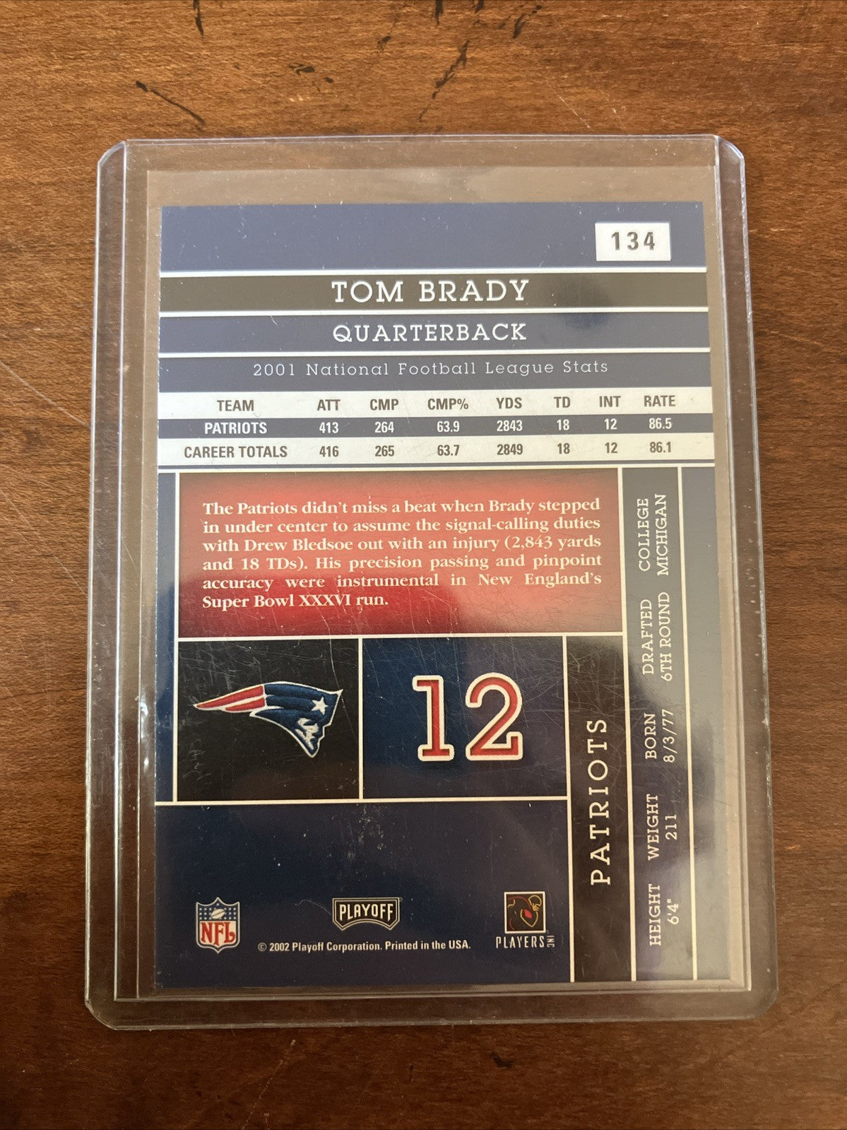 2002 Playoff Absolute Memorabilia Tom Brady Card #134 New England Patriots