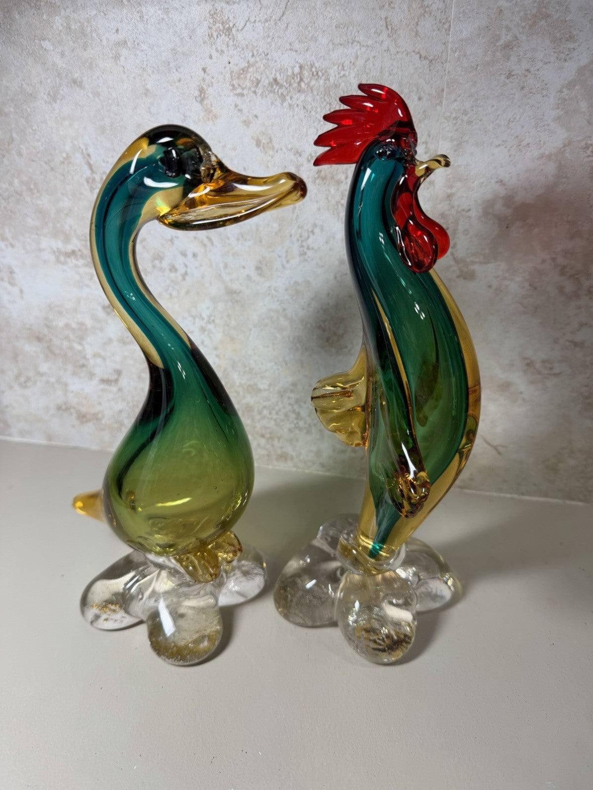 Vintage Murano Style Art Glass Rooster Duck Figurine Set Hand Blown Italy Pair
