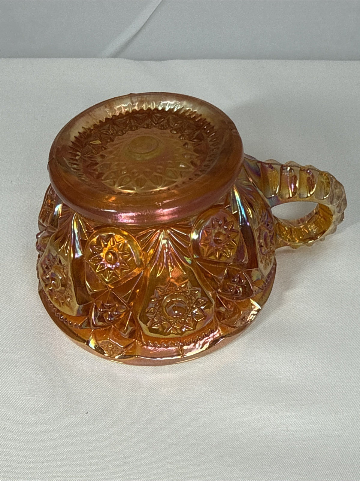 Set of 4 Vintage Imperial Hobstar Iridescent Marigold Orange Carnival Glass Cups