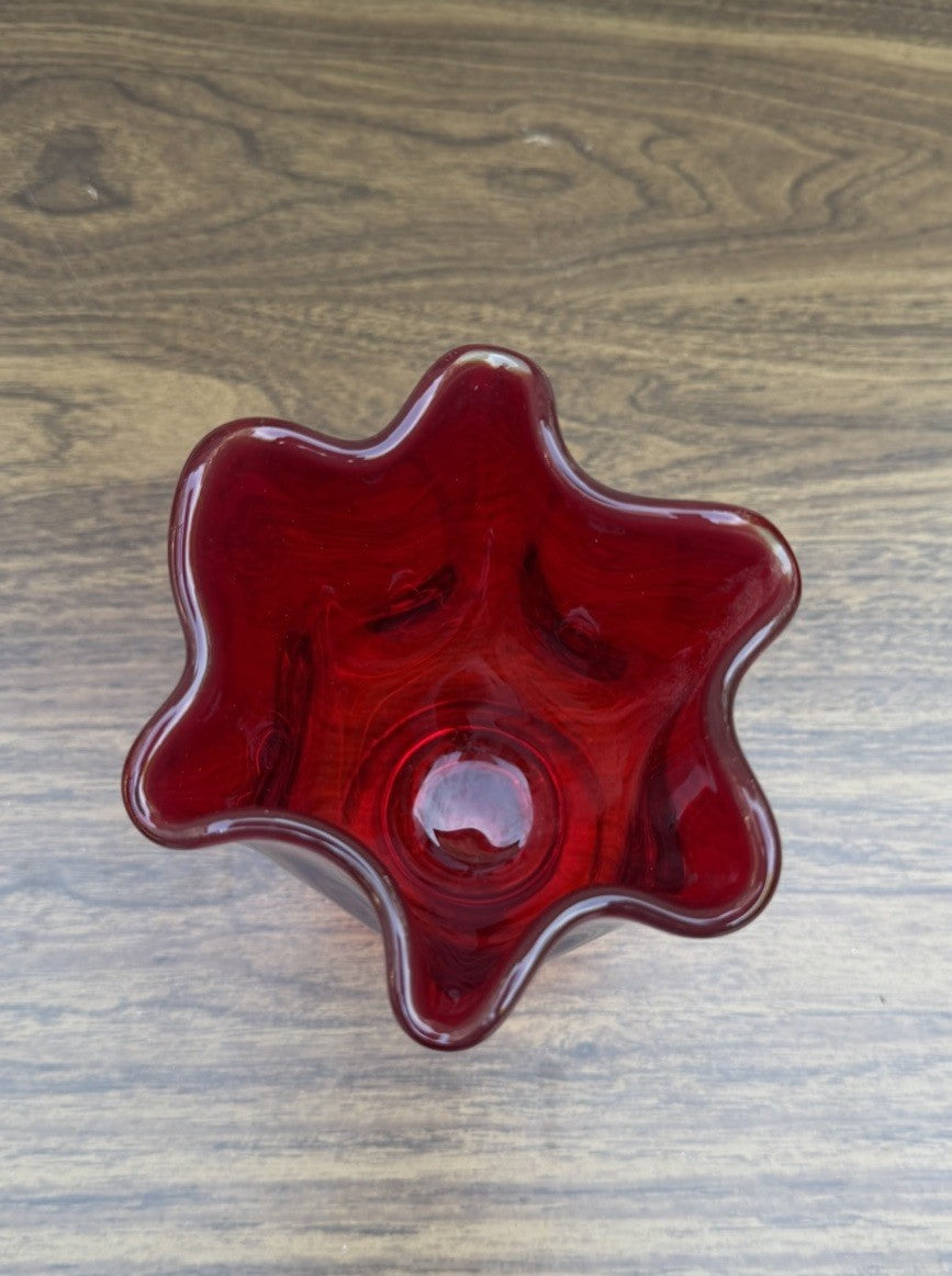 Vintage Ruby Red Hand Blown Glass Vase  Glass Stem Orange Glow Floral Vase