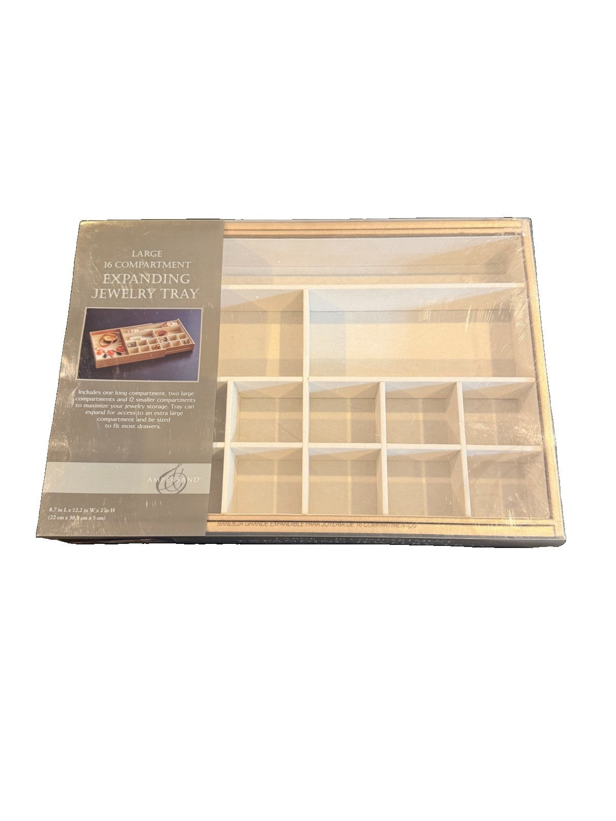 Ampersand 16 Compartment Expanding Jewelry Organizer Tray Wood Taupe New NIB