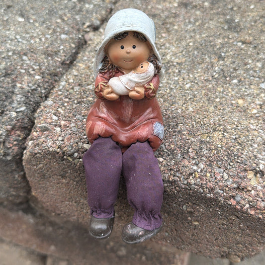 Vintage Acorn Girl Figurine Shelf Sitter Mother Child Dangling Legs 4"x4"
