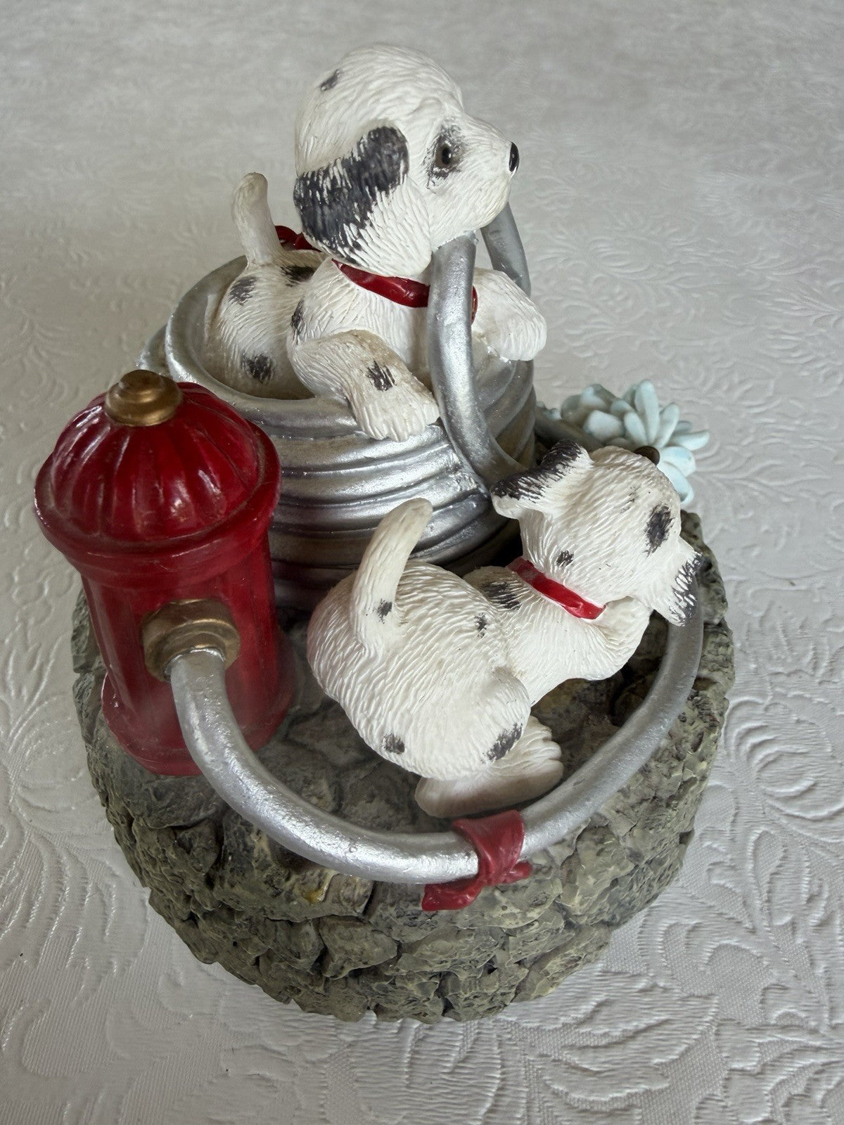 Vintage Dalmatian Puppy Figurine Lot 4pc Wind Up Musical Music Box Red Wagon
