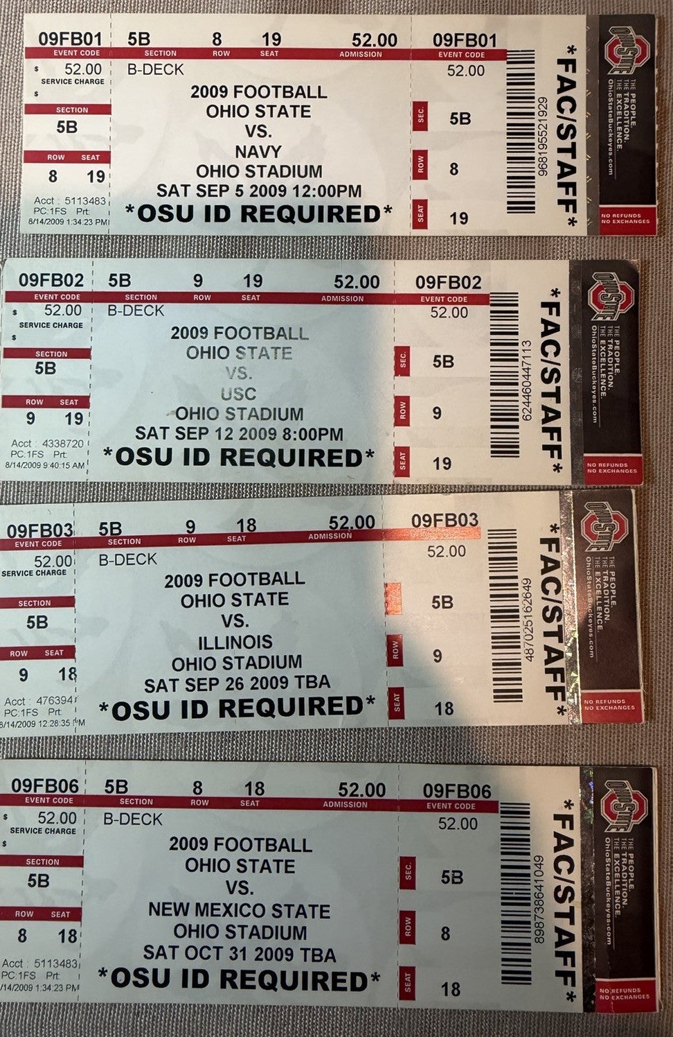 2005-2015 Ohio State Buckeyes Football Ticket Stub Faculty Staff seats Lot of 44
