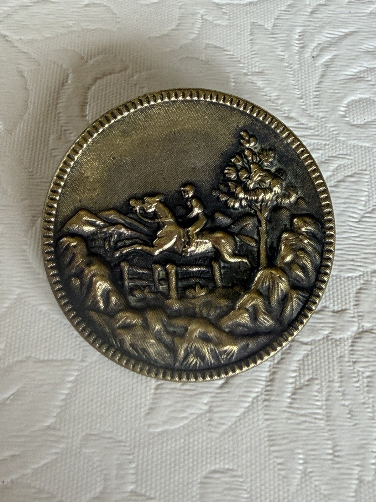 Antique Victorian Brass Picture Button Equestrian Horse Rider Jumping Large