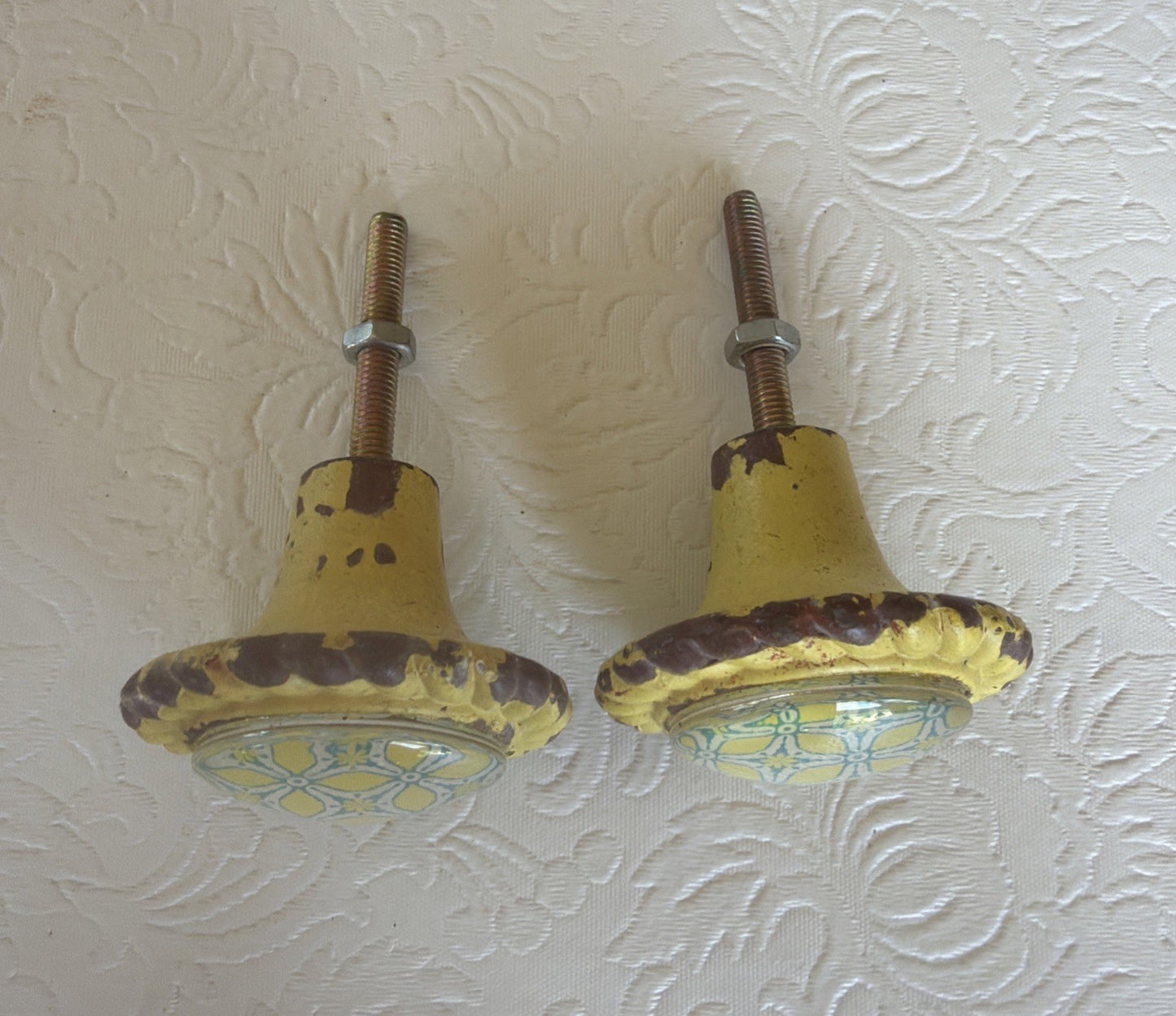 Vintage Metal Drawer Pulls Glass Centers Yellow Blue Shabby Chic Set 2 Hardware